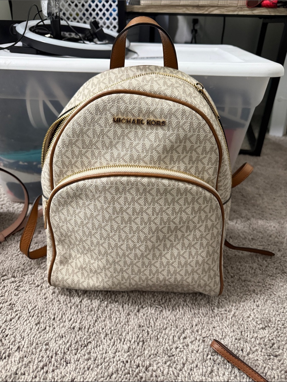 Michael Kors Beige Logo Mini Backpack with Tan Trim